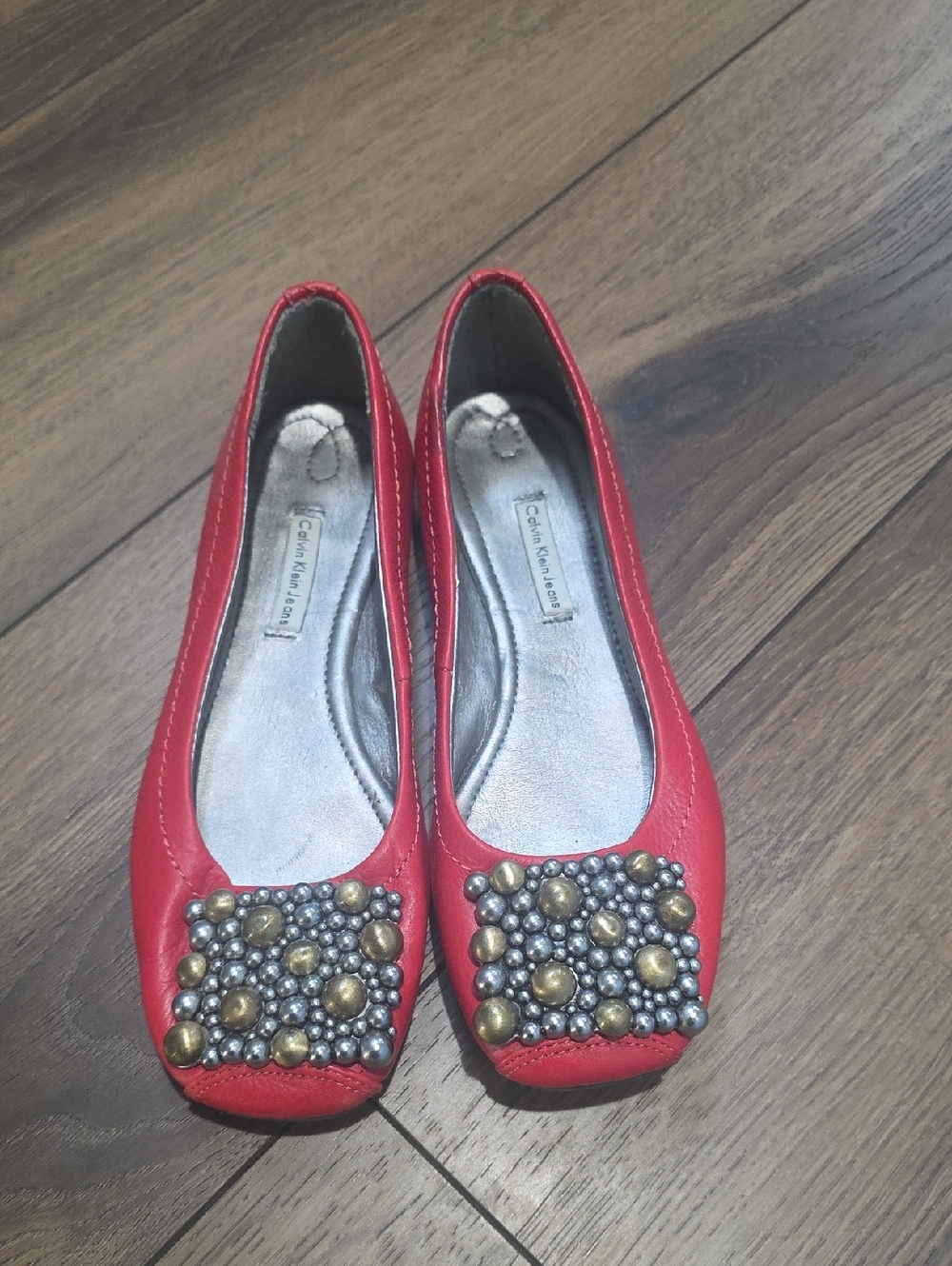 Calvin Klein Red Studded Square-Toe Ballet Flats